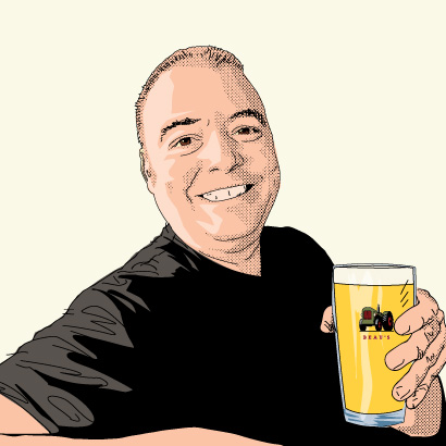 digital illustration of Beau's brewmaster Matthew O'Hara holding a pint of Beau's Lug Tread